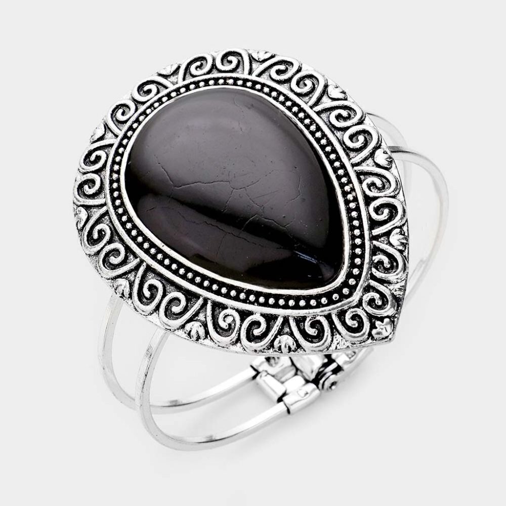 NEW Bohemian Antique Pattern Embossed Metal Onyx Stone‎ Hinged Bracelet